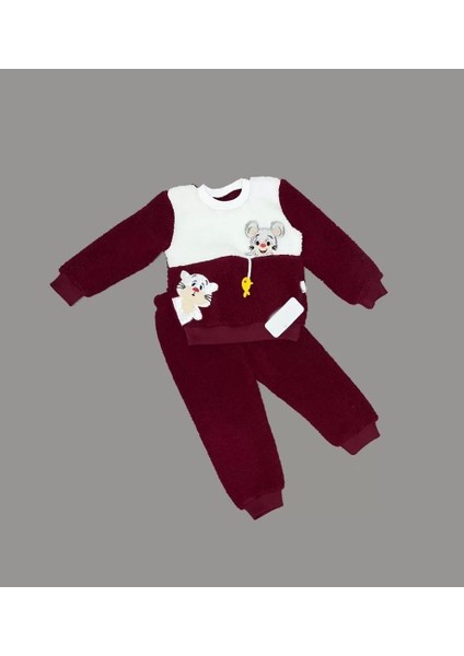 1-2-3 Yaş Sallanan Balık Nakışlı Kuzu Kumaş Sweat Pantolon Uzun Kollu Kız Erkek 2 Li Takımı Bordo