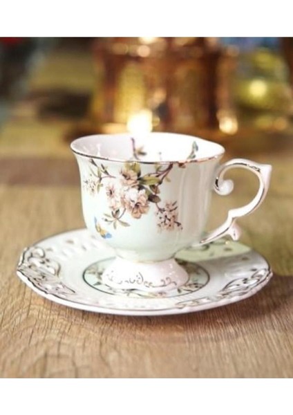 Yeşil Porselen 6'lı Fincan Takımı, Ayaklı, Şık ve Zarif Tasarım, 6 Kişilik, 90 ml