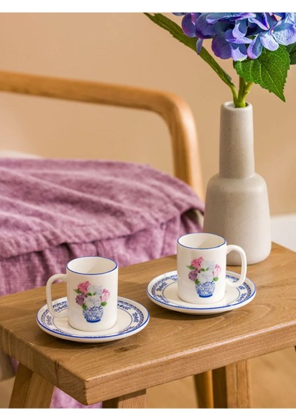 Mavi çiçek desenli 2 kişilik porselen kahve fincan takımı, 4 parça, 90 ml