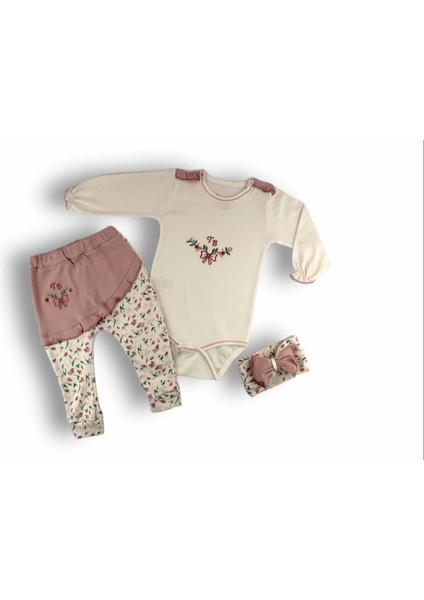 3-6 6-9 9-12 Ay Tb Çiçek Nakışlı Bandanalı Uzun Kollu Zıbınlı 3lü Kız Bebek Takımı Ekru