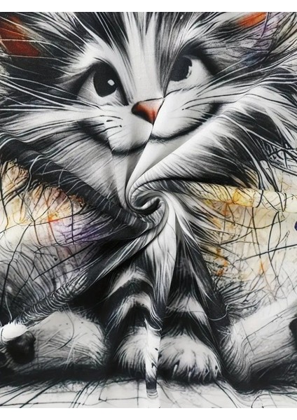 Kadın Kısa Kollu Bisiklet Yaka Kedi Baskılı Süprem Bluz fiyatları