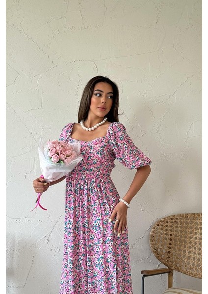 Fuşya Çiçek Desenli Elbise