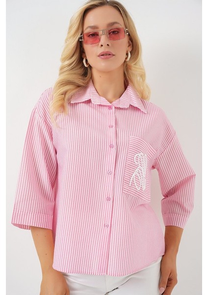 Tek Cep Nakışlı Gömlek 20328 - Pembe