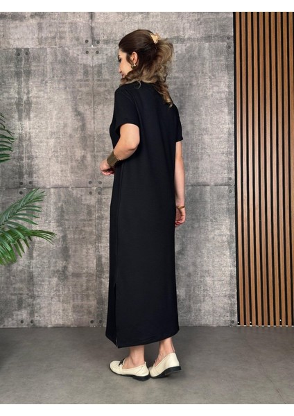Kadın Kısa Kollu Bisiklet Yaka Yırtmaçlı Viskon Iki Iplik Elbise modelleri