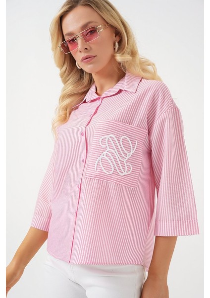 Tek Cep Nakışlı Gömlek 20328 - Pembe