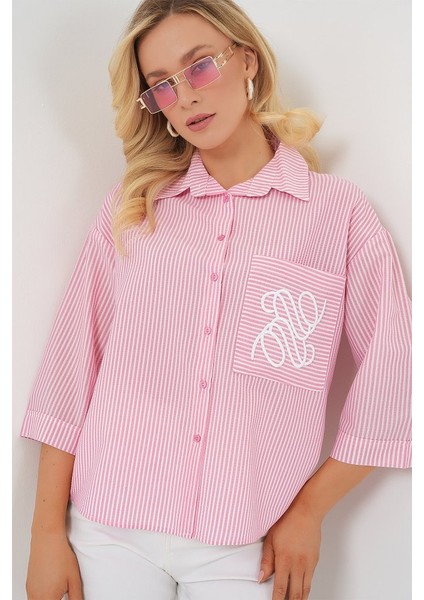 Tek Cep Nakışlı Gömlek 20328 - Pembe