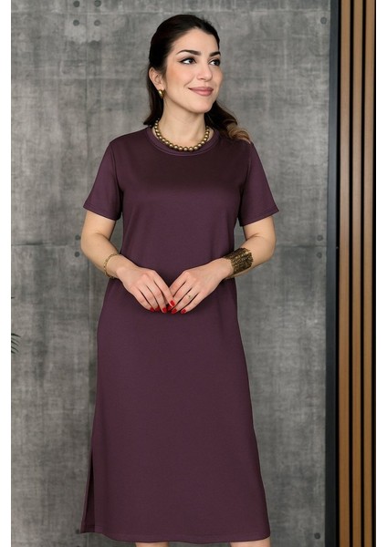 Kadın Kısa Kollu Bisiklet Yaka Yırtmaçlı Viskon Iki Iplik Elbise fiyatları