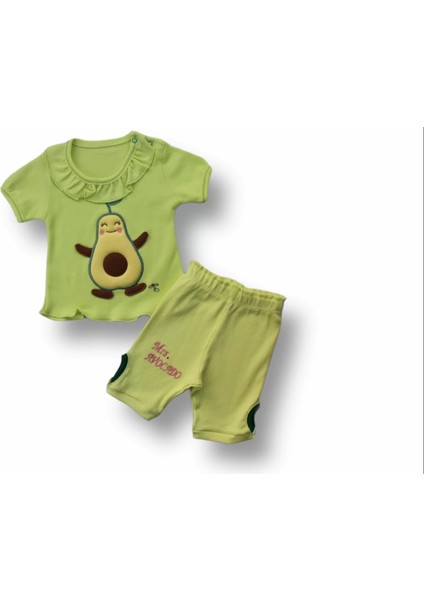 3-6 6-9 9-12 12-18 Ay Avokado Nakışlı Kısa Kollu Sweatli Şortlu 2li Kız-Erkek Bebek Takımı Yeşil