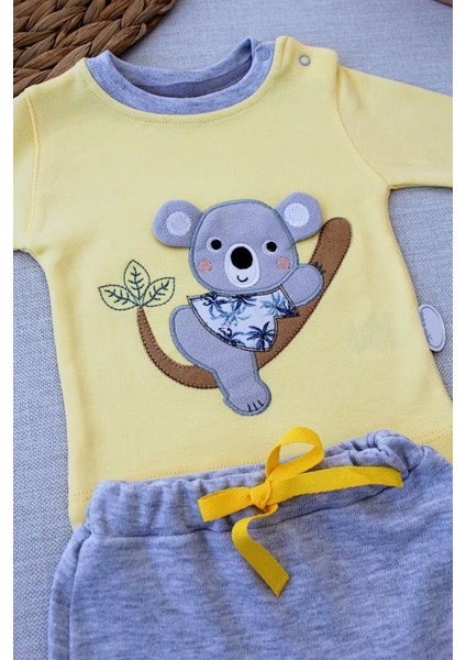 3-6 6-9 9-12 12-18 Ay Yavru Koala Nakışlı Uzun Kollu Sweat 2li Kız Erkek Bebek Takımı Sarı fiyatları