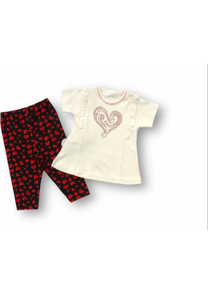 3-6 6-9 9-12 12-18 Ay Kalp Baskılı Uzun Kollu Sweatli 2li Kız Bebek Takımı Ekru