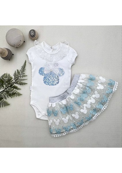 1-2-3 Yaş Payetli Mickey Nakışlı Kısa Kollu Brode Etekli 2li Kız Bebek Takımı Turkuaz