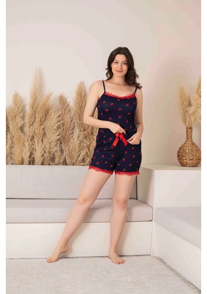 Kadın Askılı Şortlu Pamuklu Çilek Desenli Dantel Detaylı Kısa Pijama TAKIMI-3096