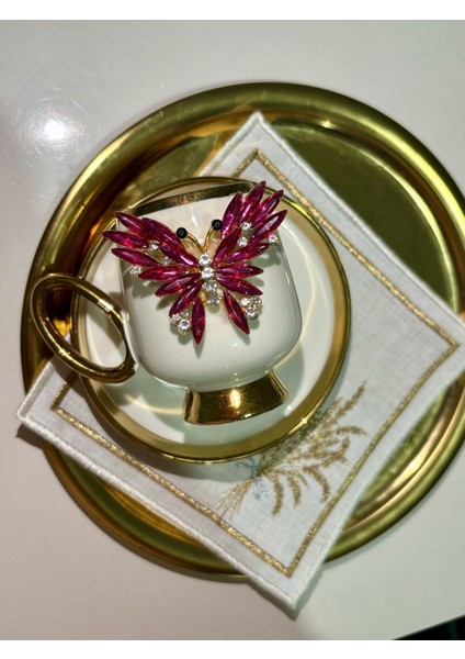 2'li Kristal Taşlı Pembe Kelebek Dekorlu Gold Detaylı Kahve Fincanı Seti