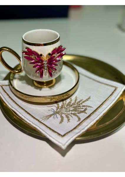 2'li Kristal Taşlı Pembe Kelebek Dekorlu Gold Detaylı Kahve Fincanı Seti fiyatları
