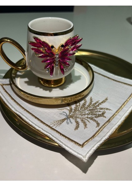 2'li Kristal Taşlı Pembe Kelebek Dekorlu Gold Detaylı Kahve Fincanı Seti modelleri