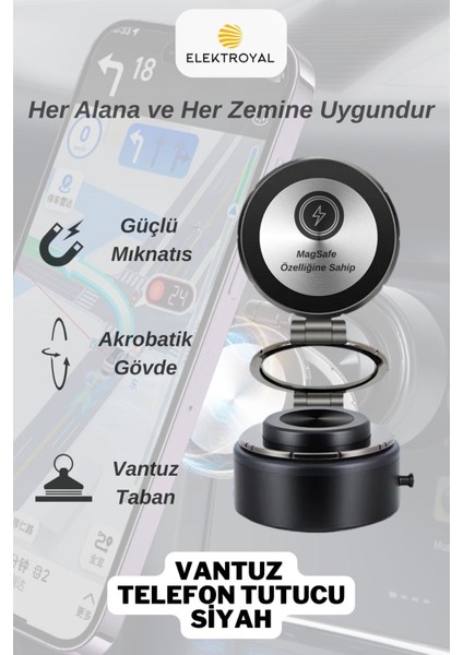 Güçlü mıknatıslı vantuzlu telefon tutucu, her zemine uyum sağlayan şık ve güvenli kullanım