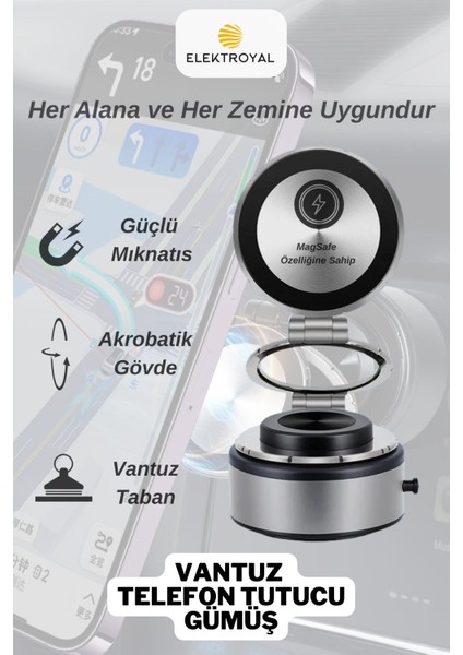 Güçlü mıknatıslı vantuzlu telefon tutucu, her zemine uyum sağlar, şık ve pratik kullanım