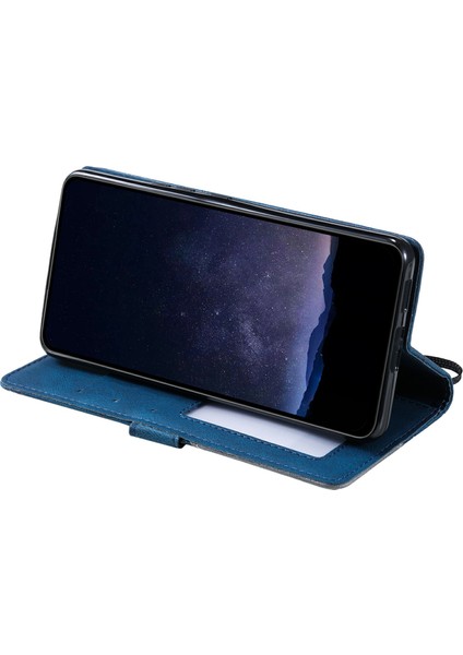 iPhone 16E Kılıfı Için Baskılı Çizgiler Pu Deri Ekleme Cüzdan Telefon Kılıfı-Mavi (Yurt Dışından)