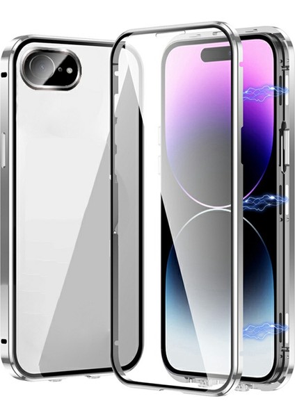iPhone 16E Kılıfı Manyetik Adsorpsiyon Çift Taraflı Temperli Cam + Metal Telefon Kılıfı Tokalı - Gümüş (Yurt Dışından)