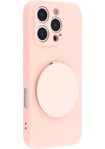 iPhone 16 Pro Kılıfı Düz ​​kenar Koruma Tpu+Pc Telefon Kılıfı Aynalı Ayaklı-Pembe (Yurt Dışından)
