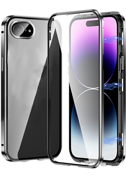 iPhone 16E Kılıfı Manyetik Adsorpsiyon Çift Taraflı Temperli Cam + Metal Telefon Kılıfı Tokalı - Siyah (Yurt Dışından)