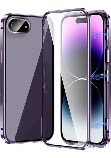 iPhone 16E Kılıfı Manyetik Adsorpsiyon Çift Taraflı Temperli Cam + Metal Telefon Kılıfı Tokalı - Mor (Yurt Dışından)
