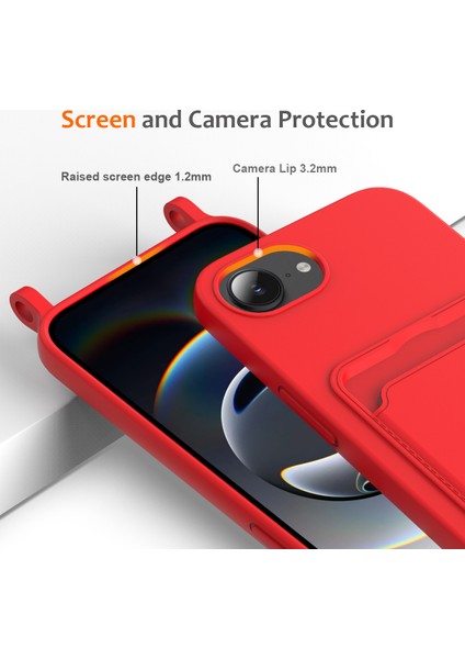 iPhone 16E Kılıfı Sıvı Silikon Kart Tutucu Arka Telefon Kılıfı Kordonlu-Kırmızı (Yurt Dışından)