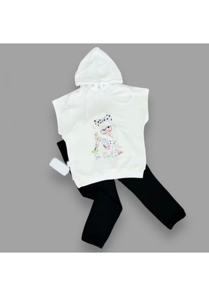 3-4-5 Yaş Kapşonlu Sevimli Kız Baskılı Kısa Kolu 2li Kız Erkek Çocuk Takımı Siyah