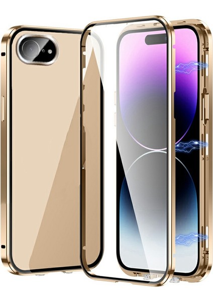 iPhone 16E Kılıfı Manyetik Adsorpsiyon Çift Taraflı Temperli Cam + Metal Telefon Kılıfı Tokalı - Altın (Yurt Dışından)