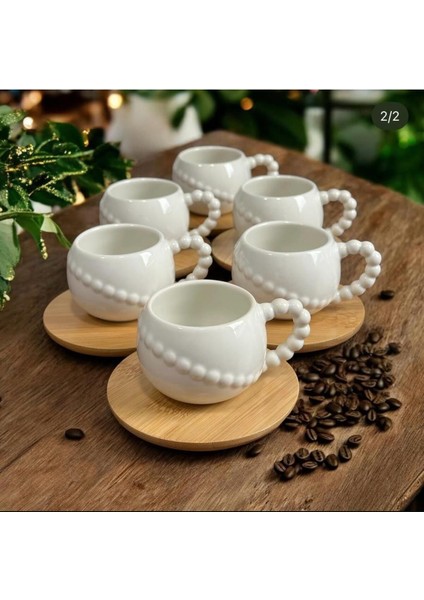 6 kişilik beyaz bambu ve seramik kahve fincan seti, 90 ml, şık ve kullanışlı