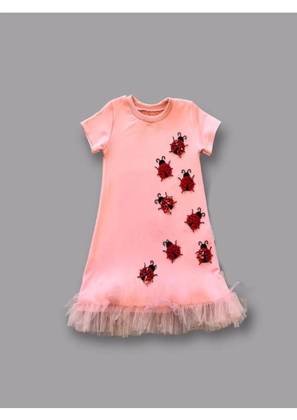 1-2-3 Yaş Uğur Böceği Nakışlı Fırfır Uçlu Kız Çocuk Jile Elbisesi Pudra fiyatları