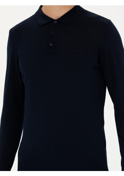 Erkek Lacivert Slim Fit Polo Yaka Basic Triko Kazak 50270169-VR033