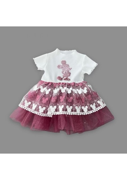 1-2-3 Yaş Payetli Mickey Baskılı Brode Etekli Kız Bebek Elbisesi Rose fiyatları