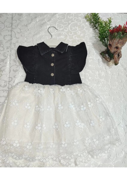 2-3-4 Yaş Astarlı Brode Etekli Kot Kumaş Düğmeli Kız Çocuk Elbisesi Siyah fiyatları