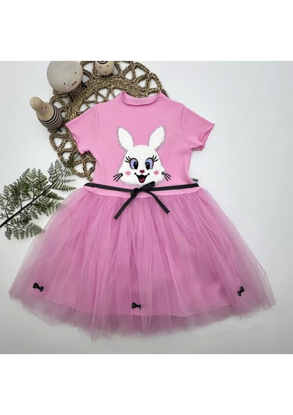 5-6-7 Yaş Payetli Tavşan Baskılı Kız Çocuk Elbisesi Pembe