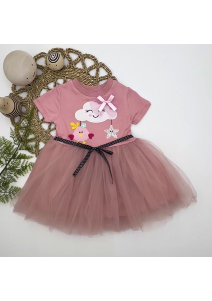 1-2-3 Yaş Tül Tokalı Bulut Civciv ve Yıldız Nakışlı Kız Bebek Elbisesi Gül Kurusu