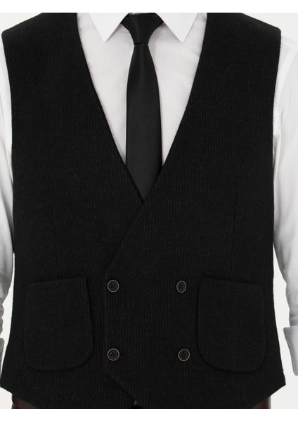 Erkek Siyah Slim Fit Yün Karışımlı Çizgili Klasik Yelek 50276508-VR046