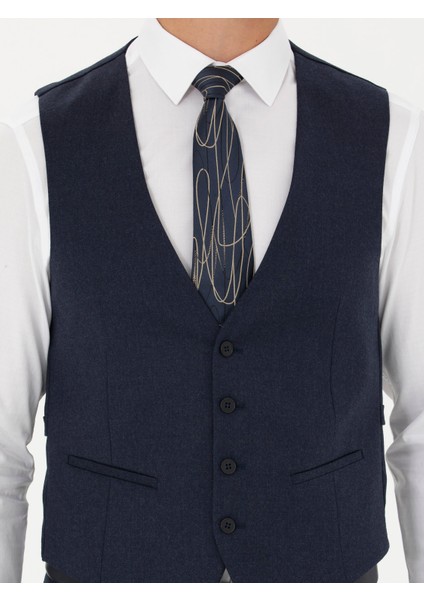 Erkek Lacivert Slim Fit Yün Karışımlı Çizgili Klasik Yelek 50270155-VR033