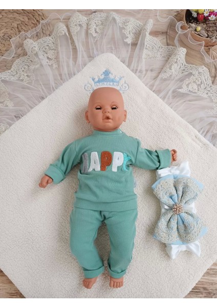 03 Yenidoğan Kuzulu Taç Nakış Güpürlü Fiyonklu Duvaklı Prizma Taş Unisex Kundak Bebek Battaniyesi Mavi modelleri