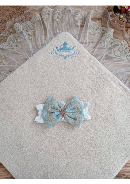 03 Yenidoğan Kuzulu Taç Nakış Güpürlü Fiyonklu Duvaklı Prizma Taş Unisex Kundak Bebek Battaniyesi Mavi fırsatları