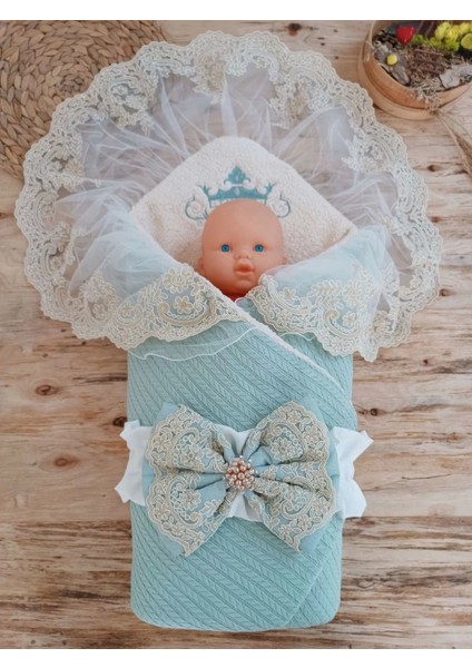 03 Yenidoğan Kuzulu Taç Nakış Güpürlü Fiyonklu Duvaklı Prizma Taş Unisex Kundak Bebek Battaniyesi Su Yeşili fiyatları