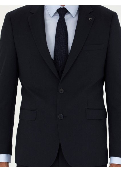 Erkek Lacivert Slim Fit Yün Karışımlı Yelekli Takım Elbise 50275634-VR033