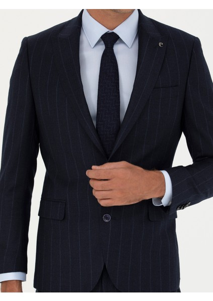 Erkek Lacivert Slim Fit %100 Yün Çizgili Kırlangıç Yaka Takım Elbise 50276505-VR033