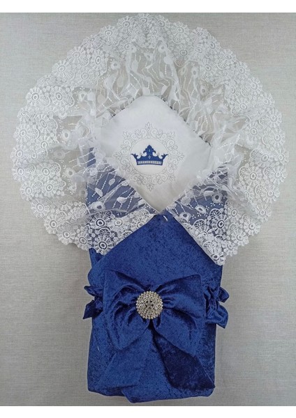 Yenidoğan Saray Kadife Taç Nakışlı Inci Fiyonklu Dantel Duvak Trilüks Kundak Bebek Battaniye Lacivert