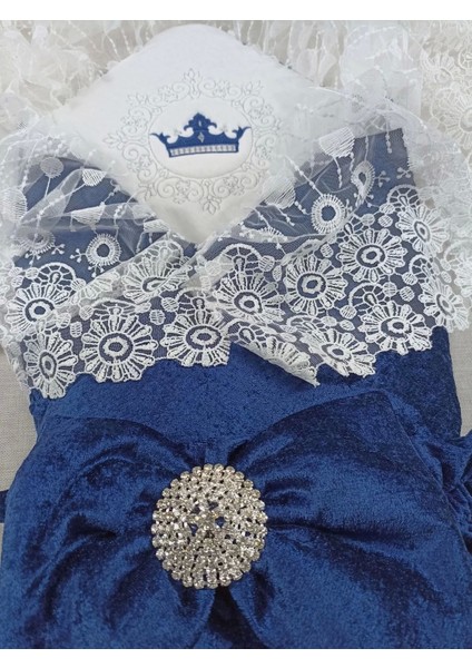 Yenidoğan Saray Kadife Taç Nakışlı Inci Fiyonklu Dantel Duvak Trilüks Kundak Bebek Battaniye Lacivert fırsatları