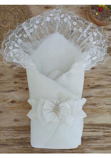 Yenidoğan Gelinlik Duvaklı Trilüks Kundak Bebek Battaniyesi Ekru