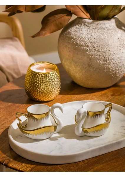 Şık 2'li flamingo figürlü porselen kahve fincan takımı, 90 ml, beyaz renk