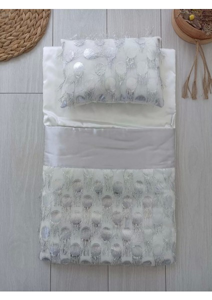 Yenidoğan Izmir Incisi Tül Işlemeli Pamuklu Fiyonklu Kundaklı Lüks 3lü Alt Açma Seti Gümüş