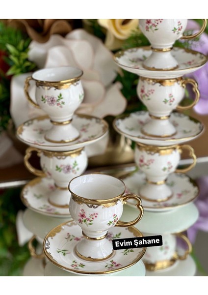 6 kişilik pembe çiçekli şık fincan takımı, zarif tasarım, 12+ parça