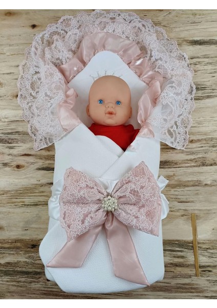 Sahra Taç Nakışlı Inci ve Dantel Fiyonklu Çift Dantel Duvaklı Trilüks Kundak Bebek Battaniyesi Gül Kurusu fiyatları